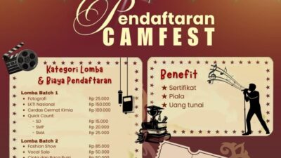 HMK Politeknik Negeri Lhokseumawe (PNL) resmi menggelar Chemical Art & Market Festival (CAMFEST) I 2026. Ajang nasional ini terbuka bagi pelajar SD hingga mahasiswa dengan total hadiah jutaan rupiah. Pendaftaran dibuka 28 September - 9 Oktober 2026